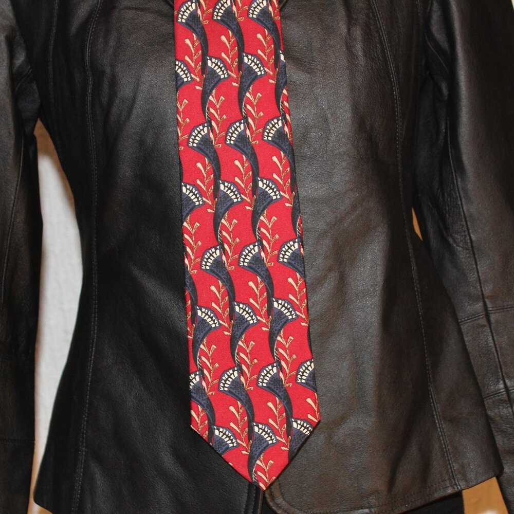 J. Z. Richards Silk TIE Red With Stunning Art Deco Lotus Geometric Print